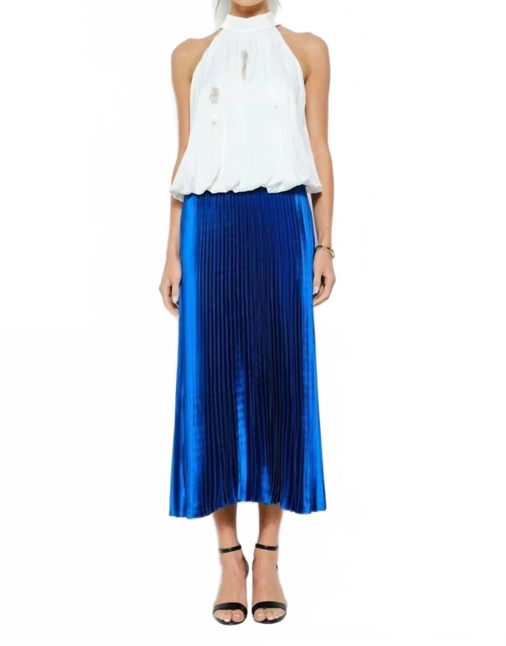 NEW INA FASHION satin pleated long midi skirt in cobalt